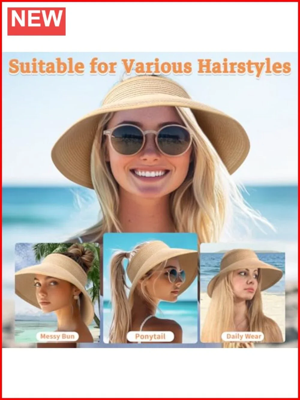 Straw Wide Brim Ponytail Sun Visor Hat for Women, UPF 50+ UV Protection